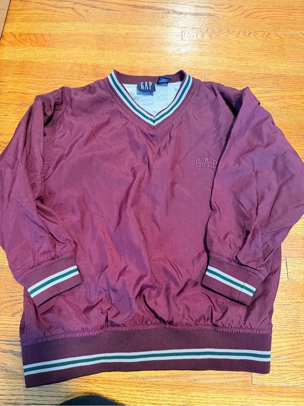 Vintage GAP Burgundy V-Neck Pullover with Green and Gray Striped Trim